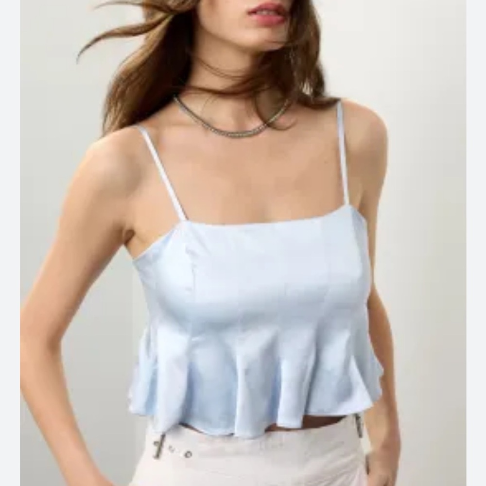 Club Monaco Mulberry Silk Light Baby Blue Camisole Cropped Flounce Tank Top 6 - Picture 15 of 15